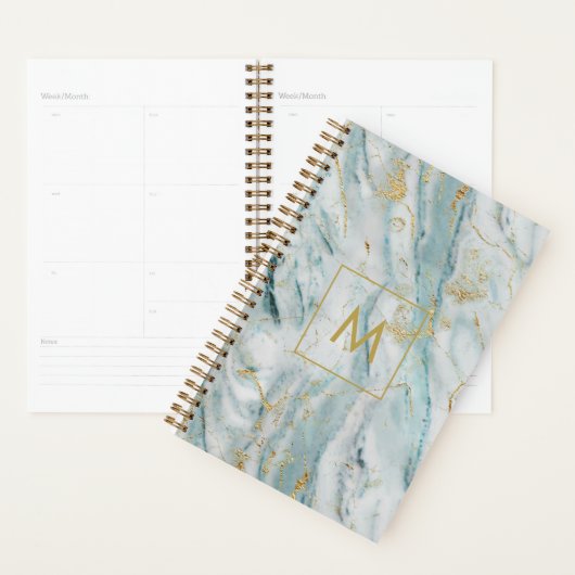 Moderne blauw en goud marmeren textuur monogram planner (Display)