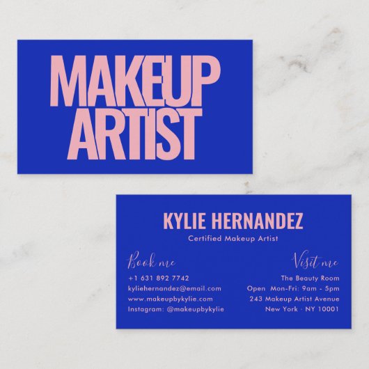 Moderne blauw en roze vet typografie make-up artis visitekaartje (Voorkant / Achterkant)