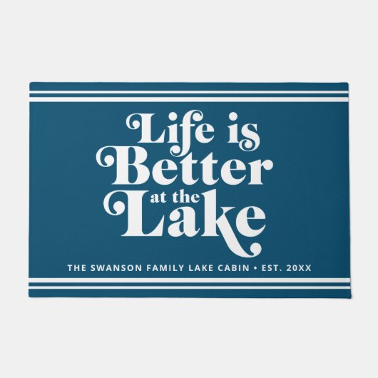 Moderne Blauw en Wit Lake Life Familienaam Deurmat (Voorkant)