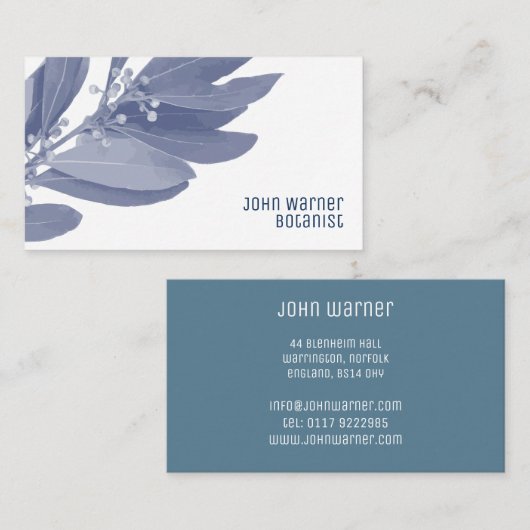 Moderne blauw en witte botanische bladeren botanis visitekaartje (Voorkant / Achterkant)