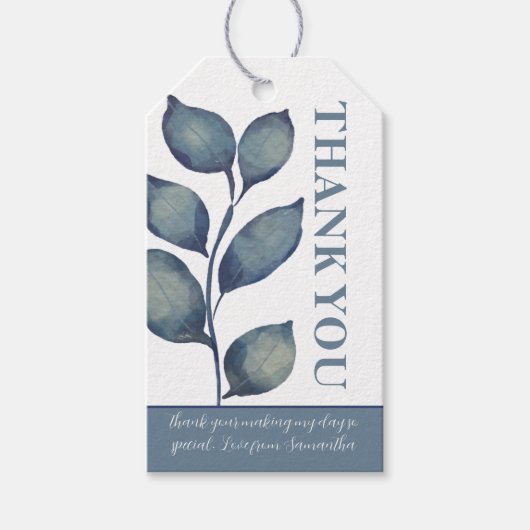 Moderne blauw en witte Waterverf Foliage Hartelijk Cadeaulabel (Voorkant)