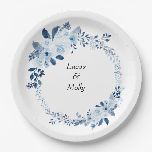 Moderne Blauw Franse Bloem Bruiloft Papieren Bordje (Voorkant)