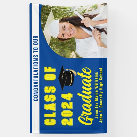Moderne Blauw Geel Afstuderen Fotofeest Spandoek (Verticaal)
