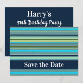 Moderne Blauw Gele Groene Strepen Gelukkige Verjaa Save The Date (Voorkant / Achterkant)