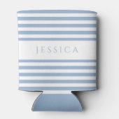 Moderne blauw gestreepte aangepaste naam blikjeskoeler (Achterkant)