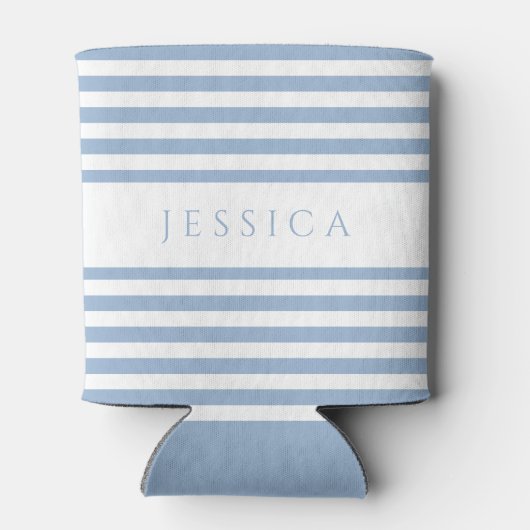 Moderne blauw gestreepte aangepaste naam blikjeskoeler (Achterkant)