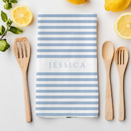 Moderne blauw gestreepte patroonnaam theedoek