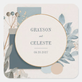 Moderne Blauw Goud Geometrische Botanische Huwelij Vierkante Sticker