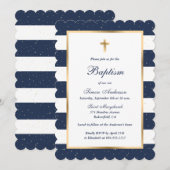 Moderne Blauw Goud Kruis Gestreepte Jongen Doop Kaart (Voorkant / Achterkant)