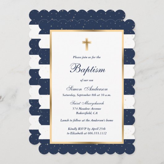 Moderne Blauw Goud Kruis Gestreepte Jongen Doop Kaart (Voorkant / Achterkant)