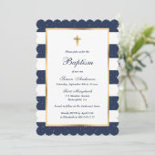 Moderne Blauw Goud Kruis Gestreepte Jongen Doop Kaart (Staand voorkant)