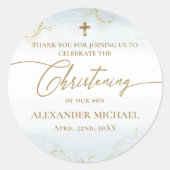 Moderne Blauw Goud Kruis Jongen Doop Ronde Sticker (Voorkant)