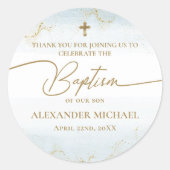 Moderne Blauw Goud Kruis Jongen Doop Ronde Sticker (Voorkant)