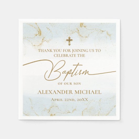 Moderne Blauw Goud Kruis Jongen Doop Servet (Voorkant)
