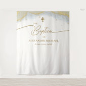 Moderne Blauw Goud Kruis Jongen Doop Wandkleed (Voorkant)