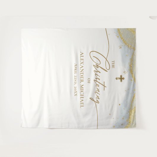 Moderne Blauw Goud Kruis Jongen Doop Wandkleed (Voorkant (horizontaal))