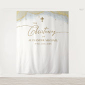 Moderne Blauw Goud Kruis Jongen Doop Wandkleed (Voorkant)