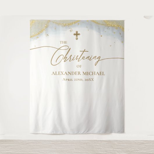Moderne Blauw Goud Kruis Jongen Doop Wandkleed (Voorkant)