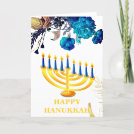Moderne Blauw & Goud Menorah Gelukkig Chanoeka Hol Feestdagen Kaart