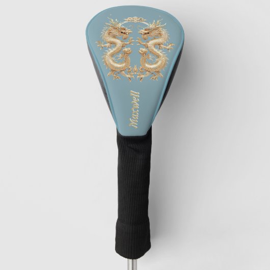Moderne Blauw Goud Tweekoppige Draak Golfheadcover (Voorkant)
