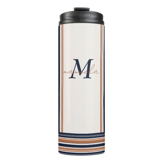 Moderne Blauw & Goud Wit Lange Strepen Thermosbeker (Voorkant)