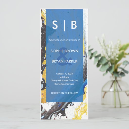 Moderne blauw/goud/zwart hydro-dip uitnodiging (Staand voorkant)