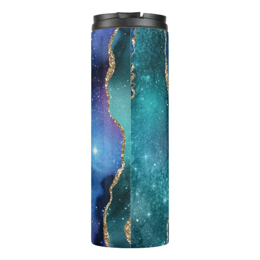 Moderne Blauw Gouden Glitter Agaat Thermosbeker (Achterkant)