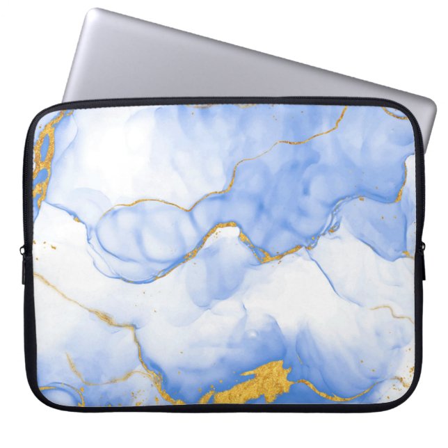 Moderne blauw-gouden, marmer-laptophoes laptop sleeve (Voorkant)
