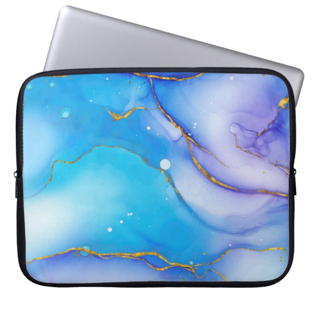 Moderne blauw-gouden, marmer-laptophoes laptop sleeve (Voorkant)