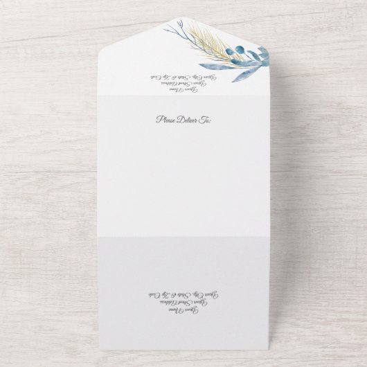 Moderne Blauw & Gouden Poinsettia op Wit All In One Uitnodiging (Buitenkant)