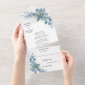 Moderne Blauw & Gouden Poinsettia op Wit All In One Uitnodiging (Afscheurbaar)