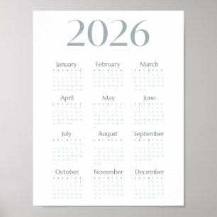 Moderne blauw-grijze 2026 kalender eenvoudig één p poster