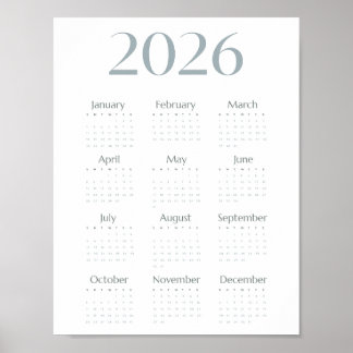 Moderne blauw-grijze 2026 kalender eenvoudig één p poster