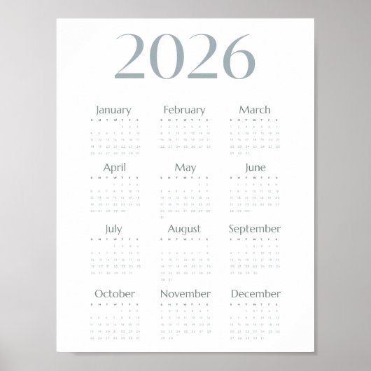 Moderne blauw-grijze 2026 kalender Eenvoudige één- Poster (Voorkant)