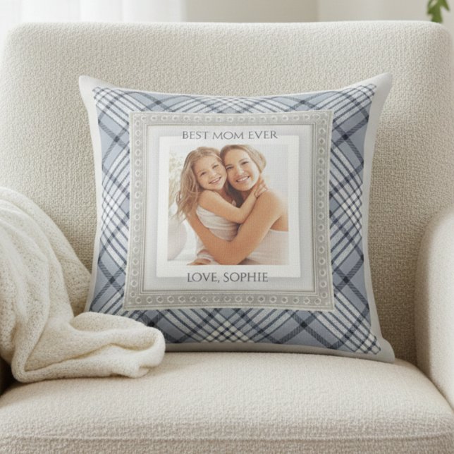 Moderne blauw-grijze ruit Beste moeder ooit Kussen (Elevate your gifting game with this boutique blue-and-gray plaid keepsake for Mom)