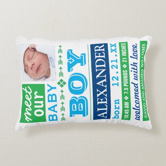 Moderne Blauw Groene Baby Boy Foto Geboortestatist Accent Kussen (Voorkant)