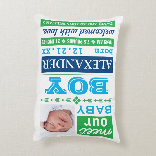 Moderne Blauw Groene Baby Boy Foto Geboortestatist Accent Kussen (Achterkant (Verticaal))
