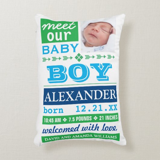 Moderne Blauw Groene Baby Boy Foto Geboortestatist Accent Kussen (Voorkant(Verticaal))