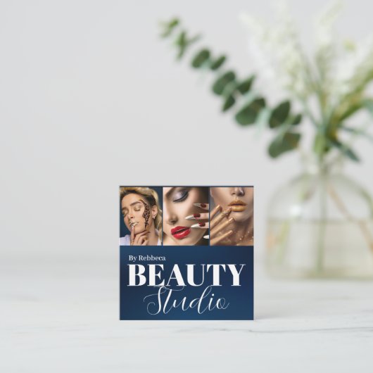 Moderne blauw mode stylist handtekening 3 foto vierkante visitekaartje (Staand voorkant)