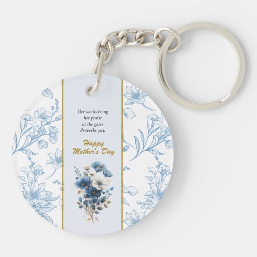 Moderne Blauw Wit Bloemen Gelukkige Moederdag Sleutelhanger (Achterkant)
