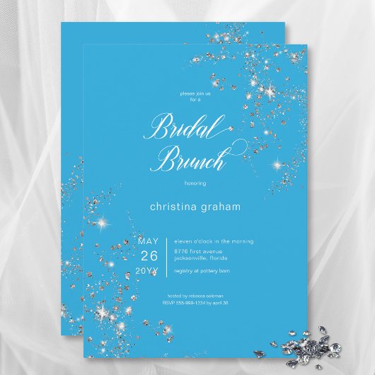Moderne Blauw & Wit Glam Diamonds Bruidsbrunch Kaart