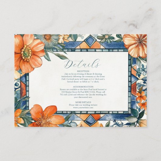 Moderne blauw-witte bloemen mediterrane Tegels Informatiekaartje (Voorkant)