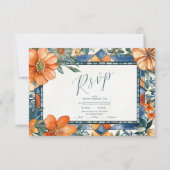 Moderne blauw-witte bloemen mediterrane Tegels RSVP Kaartje (Voorkant)