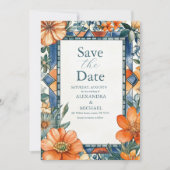 Moderne blauw-witte bloemen mediterrane Tegels Save The Date (Voorkant)