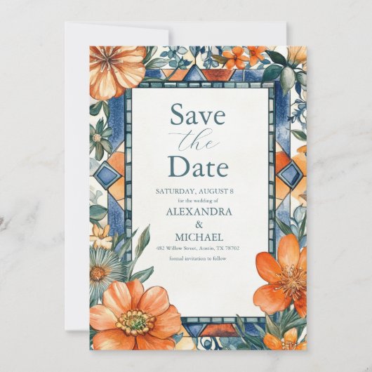 Moderne blauw-witte bloemen mediterrane Tegels Save The Date (Voorkant)