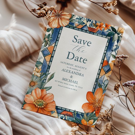 Moderne blauw-witte bloemen mediterrane Tegels Save The Date