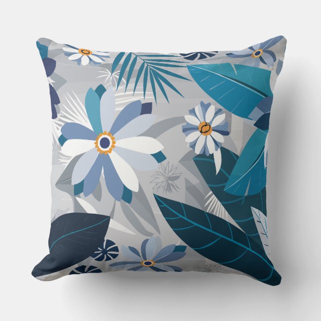 Moderne Blauw-Witte Bloemen met Geometrische Blade Kussen (Voorkant)