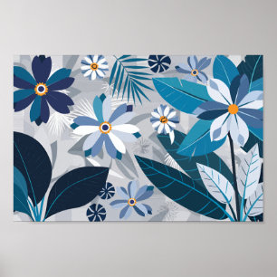 Moderne Blauw-Witte Bloemen met Geometrische Blade Poster
