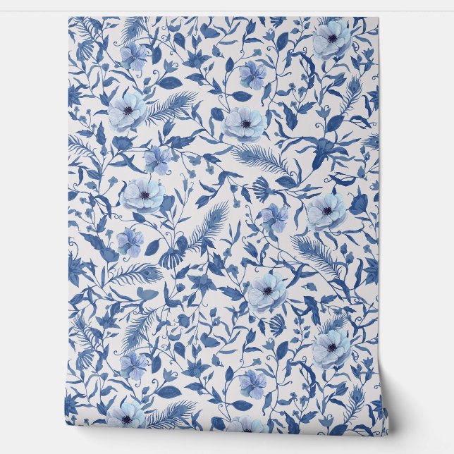 Moderne blauw-witte bloemenchinoiserie behang (Afrollen)