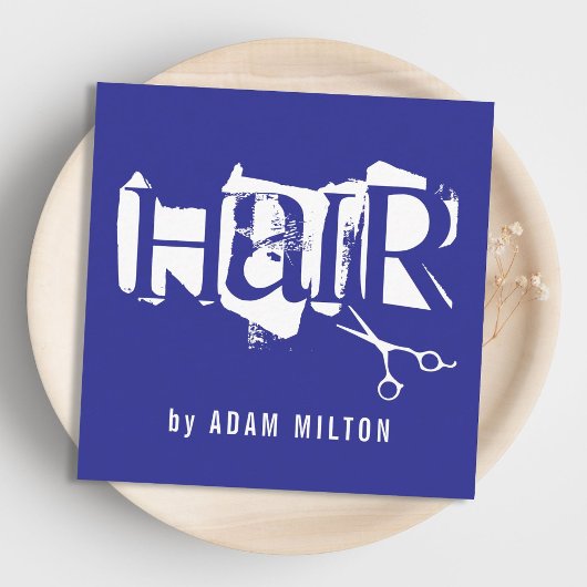 Moderne Blauw Witte Schaar Haarstylist Vierkante Visitekaartje